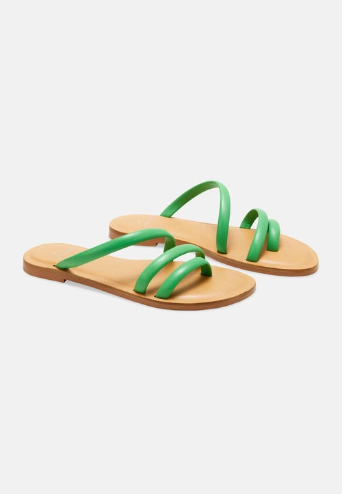 Green Calf Leather Flat Sandals – Women’s Minimalist Three-Strap Slide