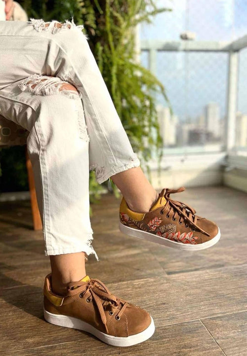 Floral Embroidered Suede Sneakers for Women